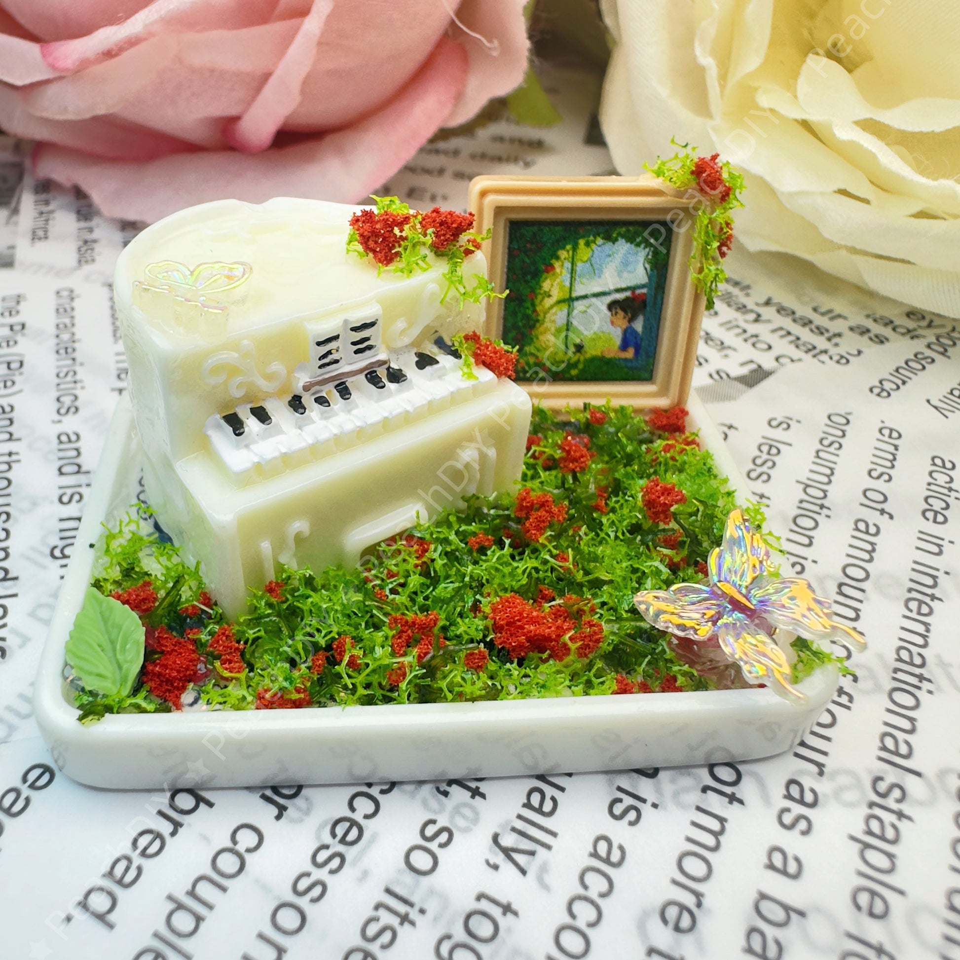 Blossom Serenade Miniature Decor – Enchanting Handcrafted Scene with Piano and Red Flowers