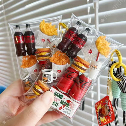 Miniature Fast Foods Set Pouch with detailed fast food designs like burgers, fries, and pizza, perfect for storage, keychain, or as a fun bag accessory.