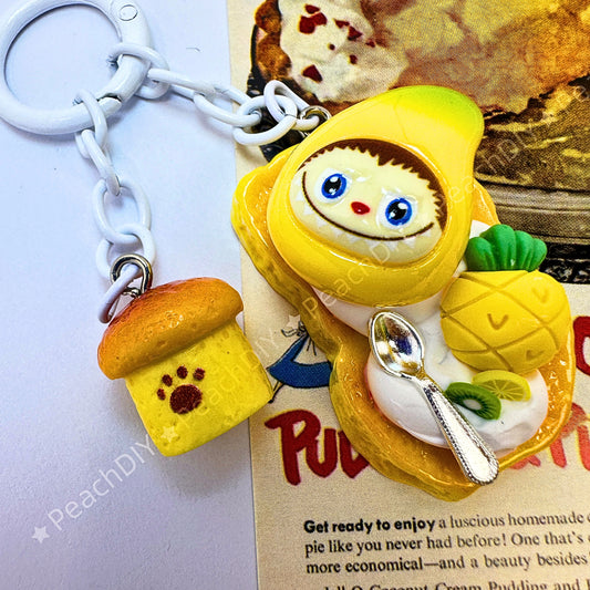 Handmade polymer clay decoden minifood keychain featuring Labubu