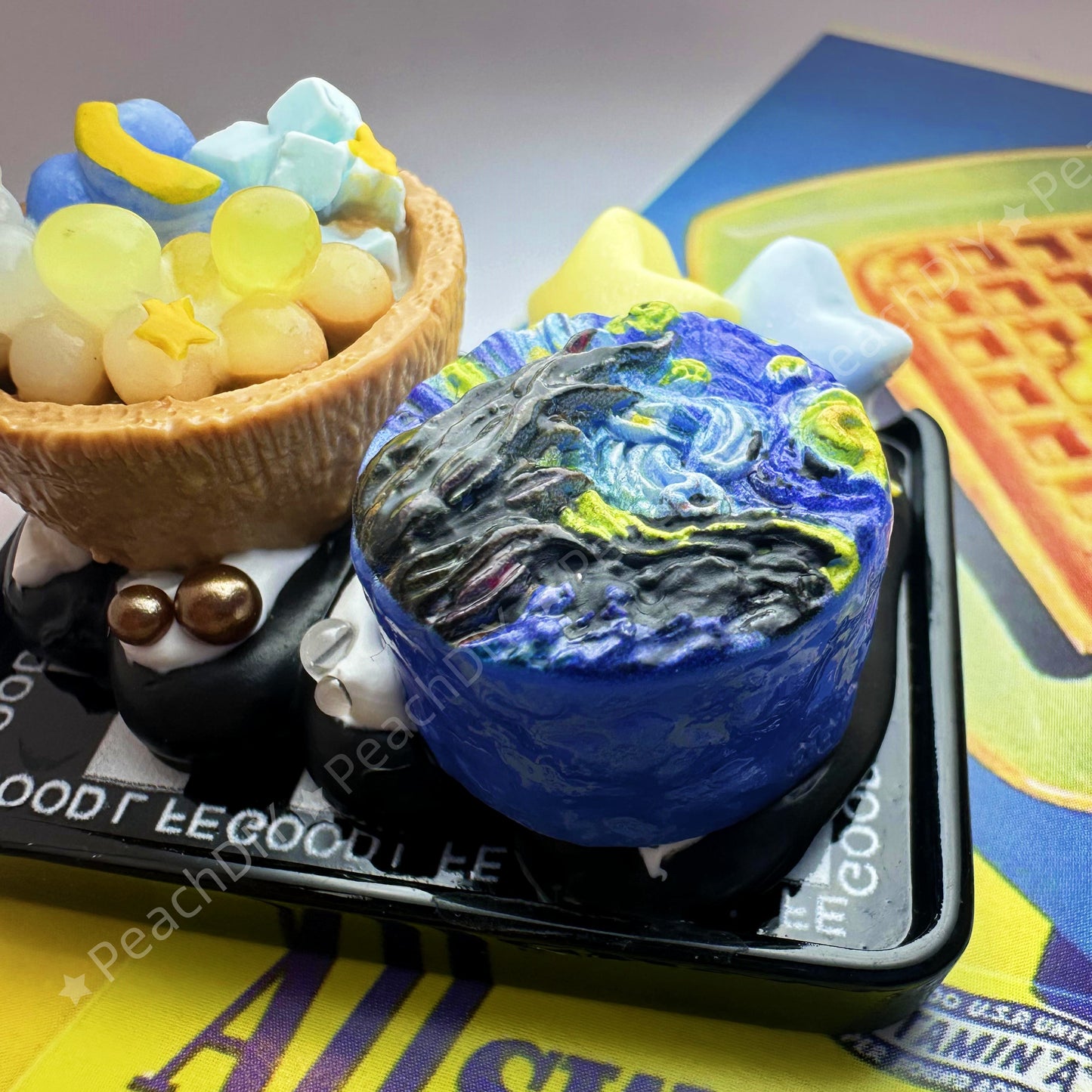 Miniature Van Gogh cake and shaved ice fridge magnets